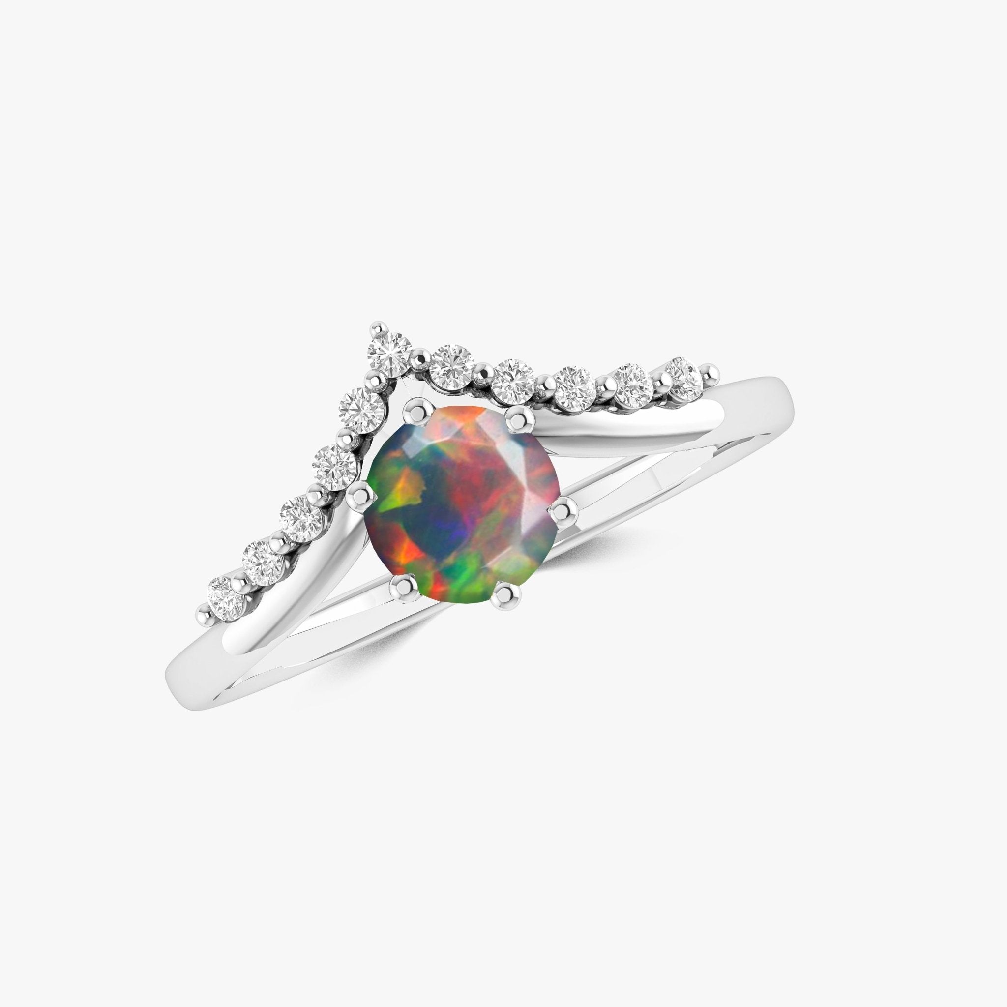 Natural Black Opal and White Zircon Sparkling Wishbone Ring - Goodstone Jewels