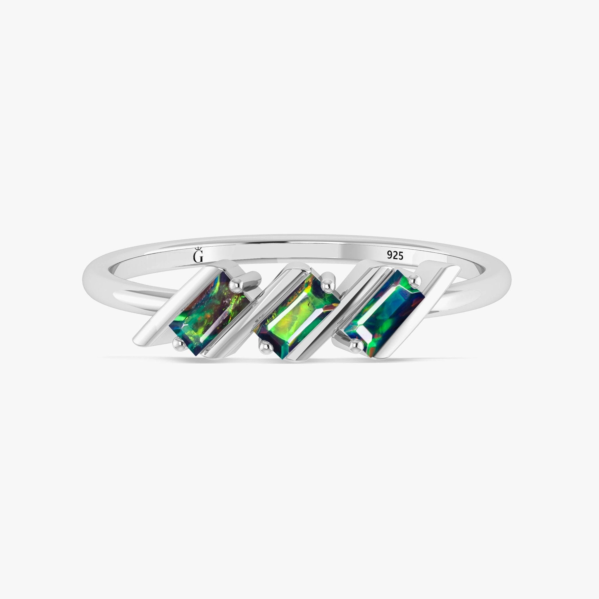 Natural Black Opal Baguette Style Three Stone Ring in Gold Filled & Sterling Silver - Goodstone Jewels