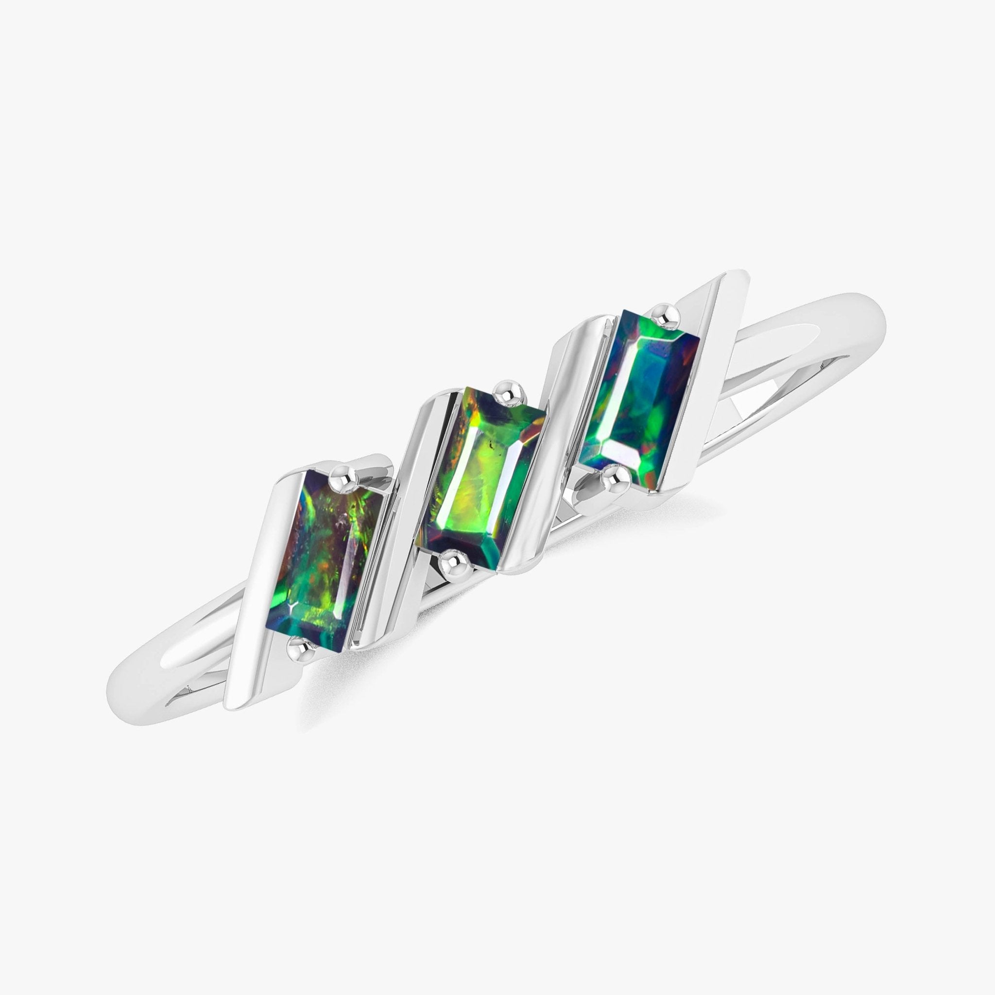 Natural Black Opal Baguette Style Three Stone Ring in Gold Filled & Sterling Silver - Goodstone Jewels