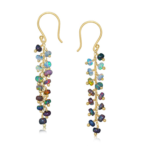 Natural Black Opal Beaded Long Cluster Dangle Earrings
