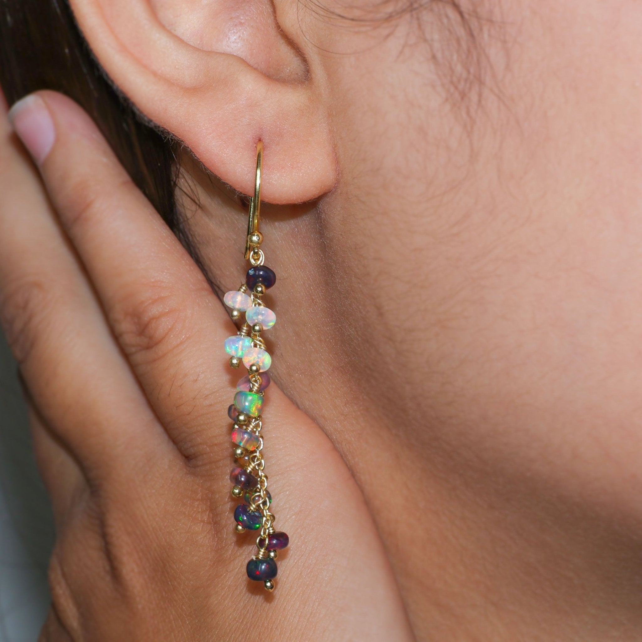 Natural Black Opal Beaded Long Cluster Dangle Earrings - Goodstone Jewels