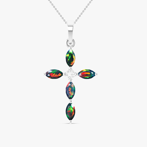 Natural Black Opal Cross Charm Pendant Necklace