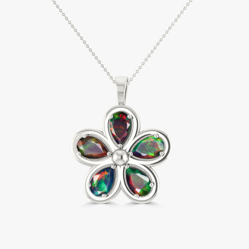 Natural Black Opal Flower Style Pendant Chain Necklace