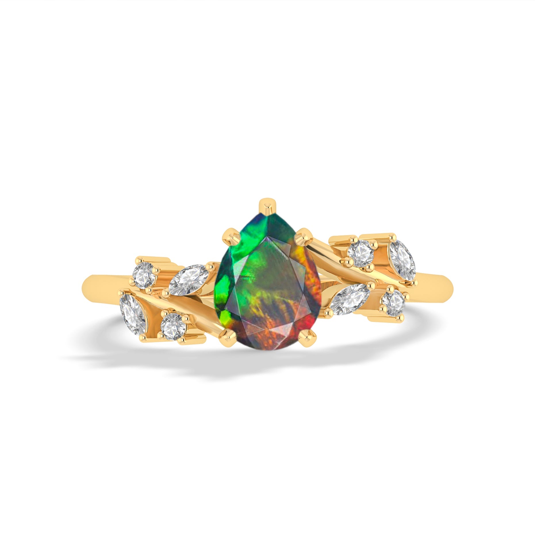 Black Opal Leaf Style Engagement and Wedding Rings for women in yellow gold palted - Goodstone Jewels