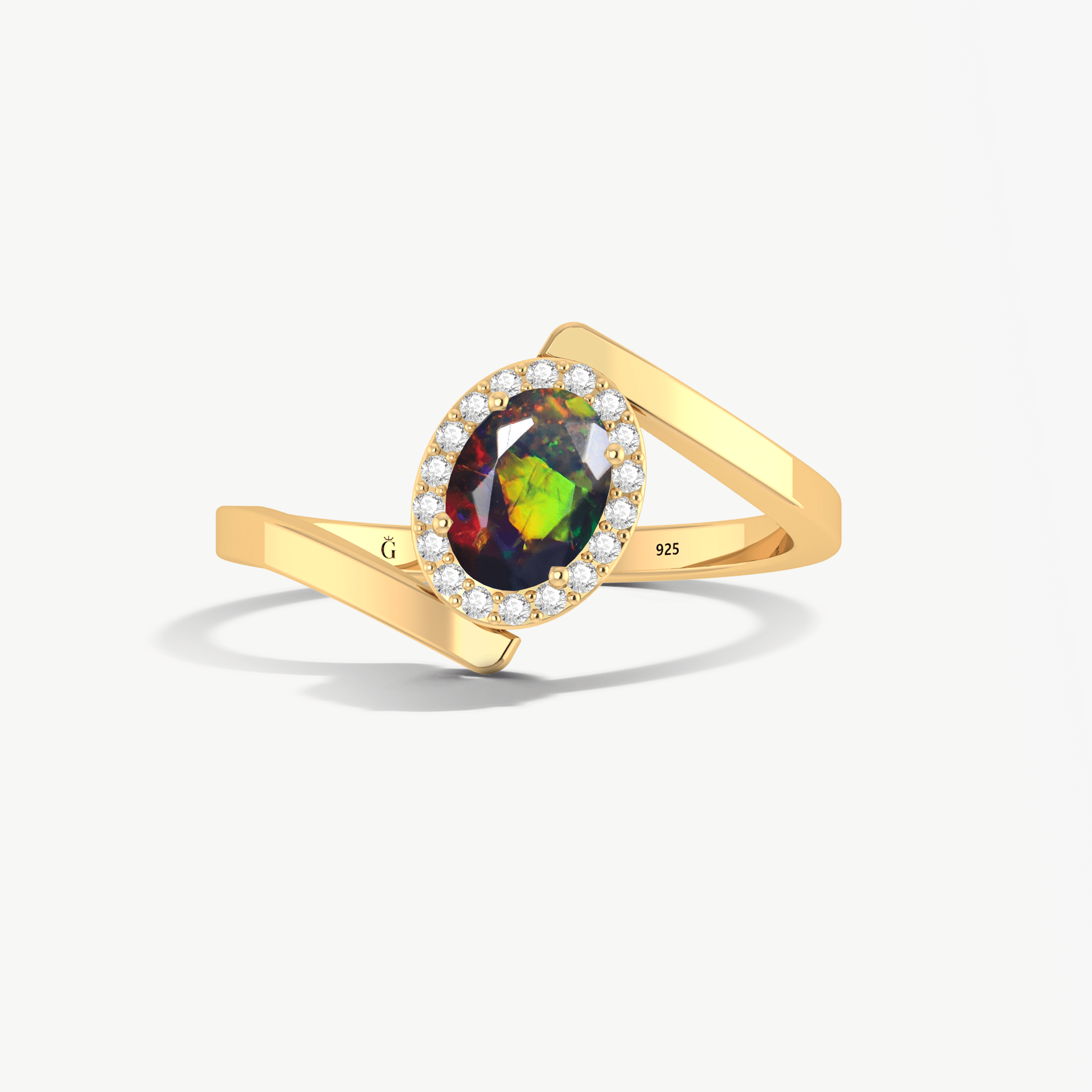 Black opal engagement ring bypass halo