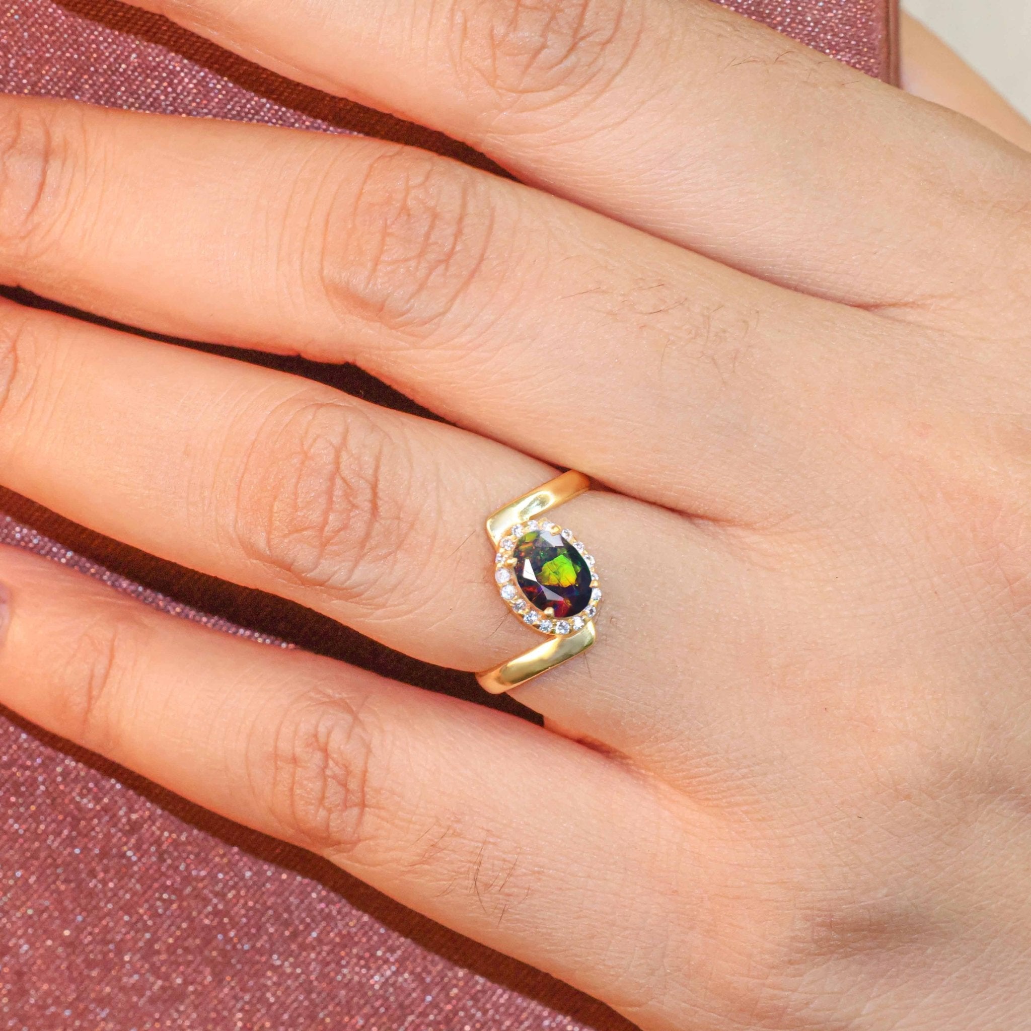 Natural Black Opal Oval Shape Bypass Halo Ring - Goodstone Jewels