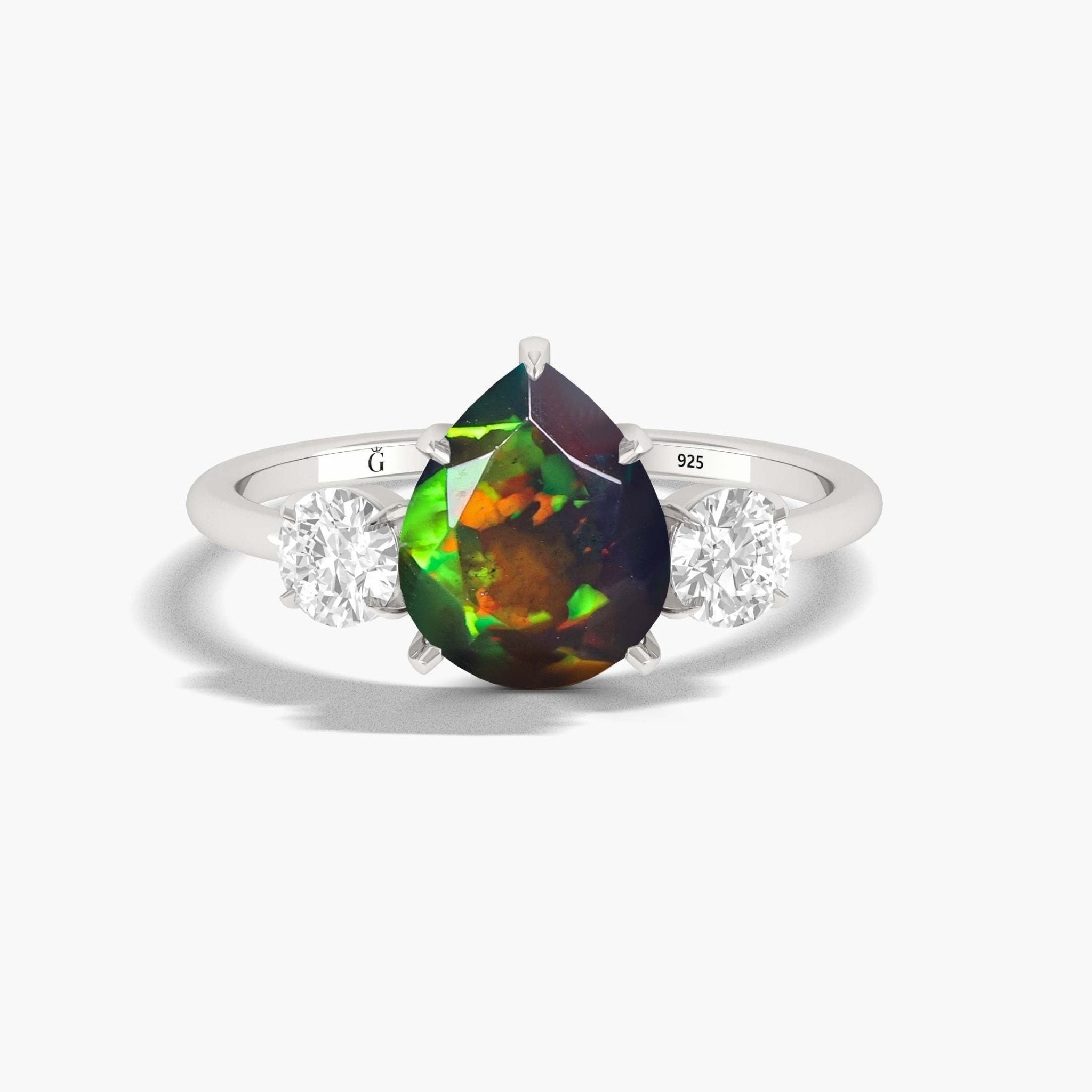 Natural Black Opal Pear Shape with Zircon Three Stone Statement Ring - Goodstone Jewels