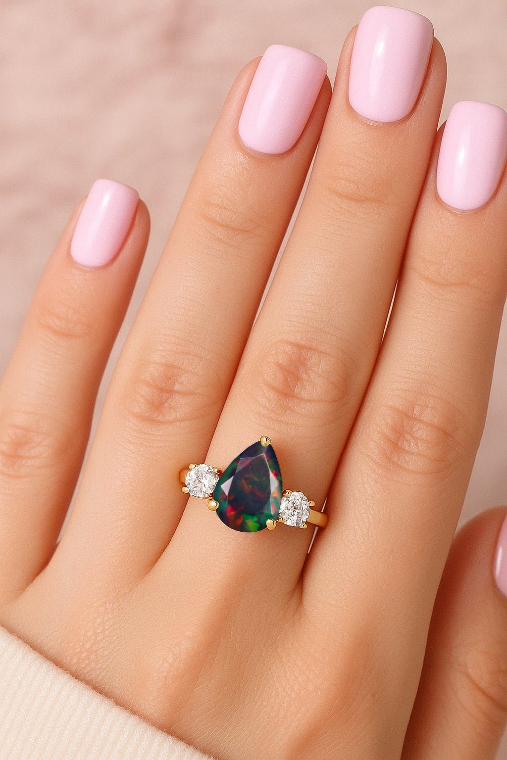 Natural Black Opal Pear Shape with Zircon Three Stone Statement Ring - Goodstone Jewels