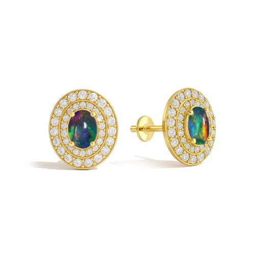 Black Opal Halo Stud Earrings in Sterling Silver