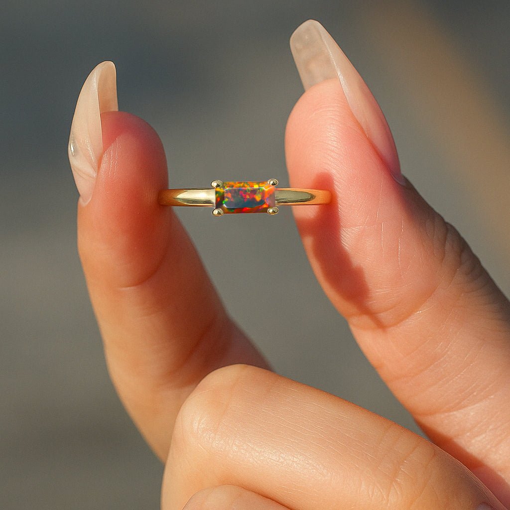 Natural Black Opal SINGLE BAGUETTE STONE SOLITAIRE RING - Goodstone Jewels