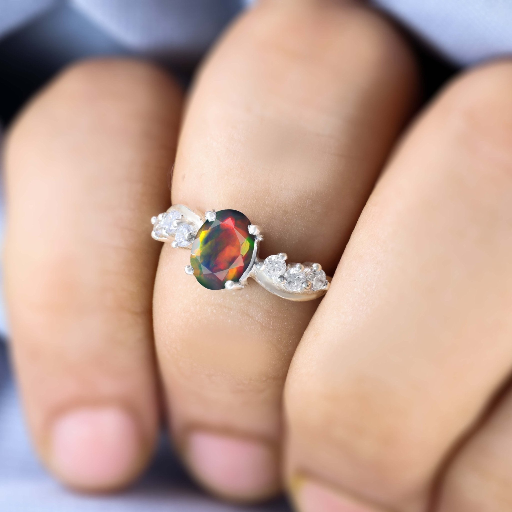 Natural Black Opal Solitaire with Accents Ring with Gold Filled & Sterling Silver - Goodstone Jewels