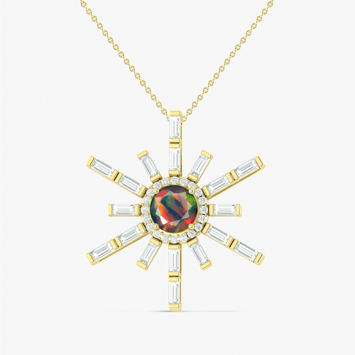 Natural Black Opal Sun Charm Halo Pendant Necklace