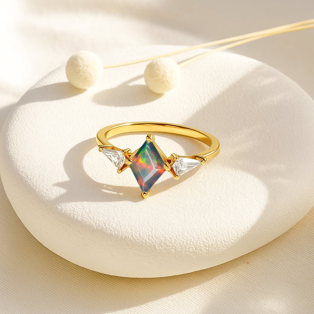 Natural Black Opal Three Stone Ring Wedding, Anniversary, Promise Rings - Goodstone Jewels