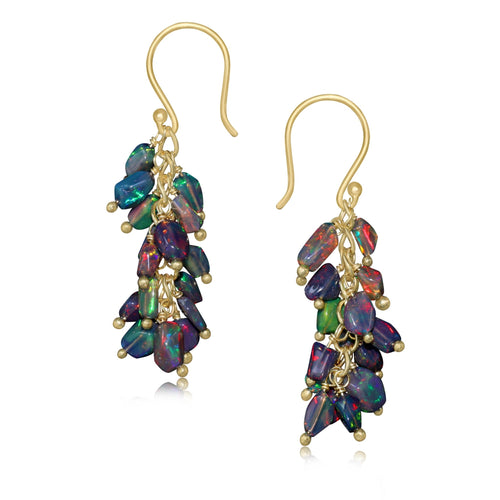 Natural Black Opal Tumble Shape Beaded Cluster Earrings