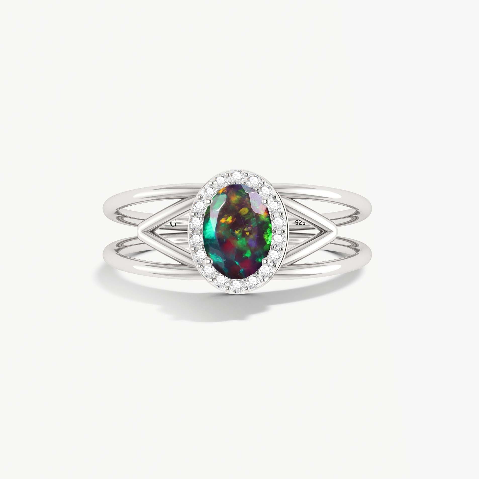 Natural Black Opal & White Zircon Stackable Halo Ring - Goodstone Jewels
