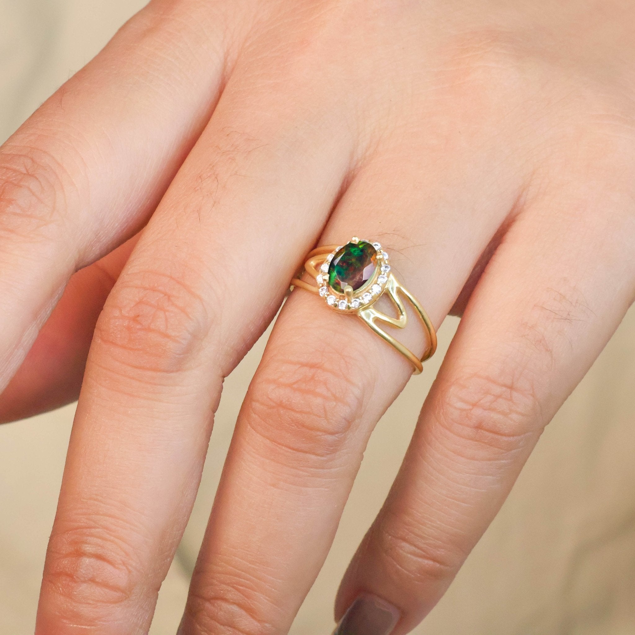Natural Black Opal & White Zircon Stackable Halo Ring - Goodstone Jewels