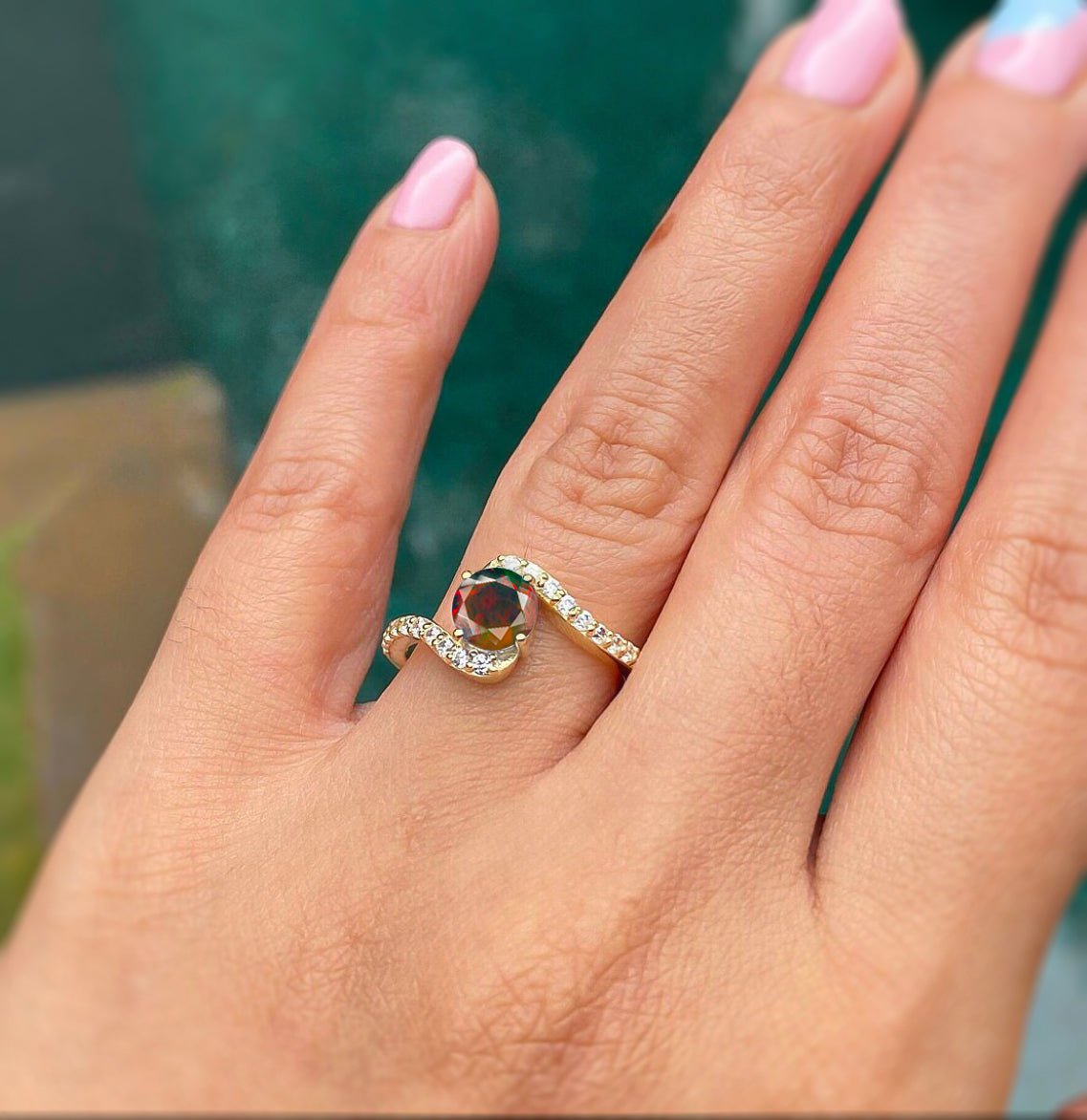 Natural Black Opal with White Zicon Bypass Ring for Her - Goodstone Jewels