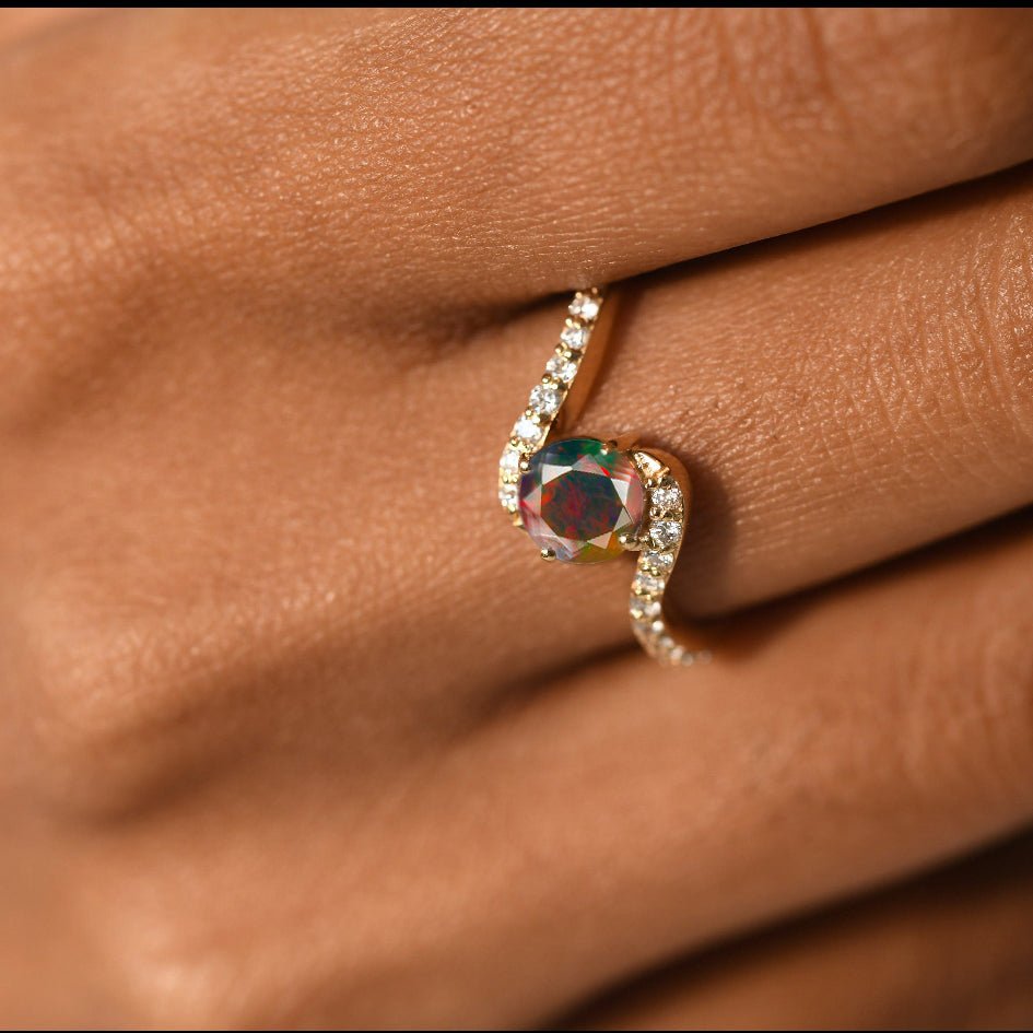 Natural Black Opal with White Zicon Bypass Ring for Her - Goodstone Jewels