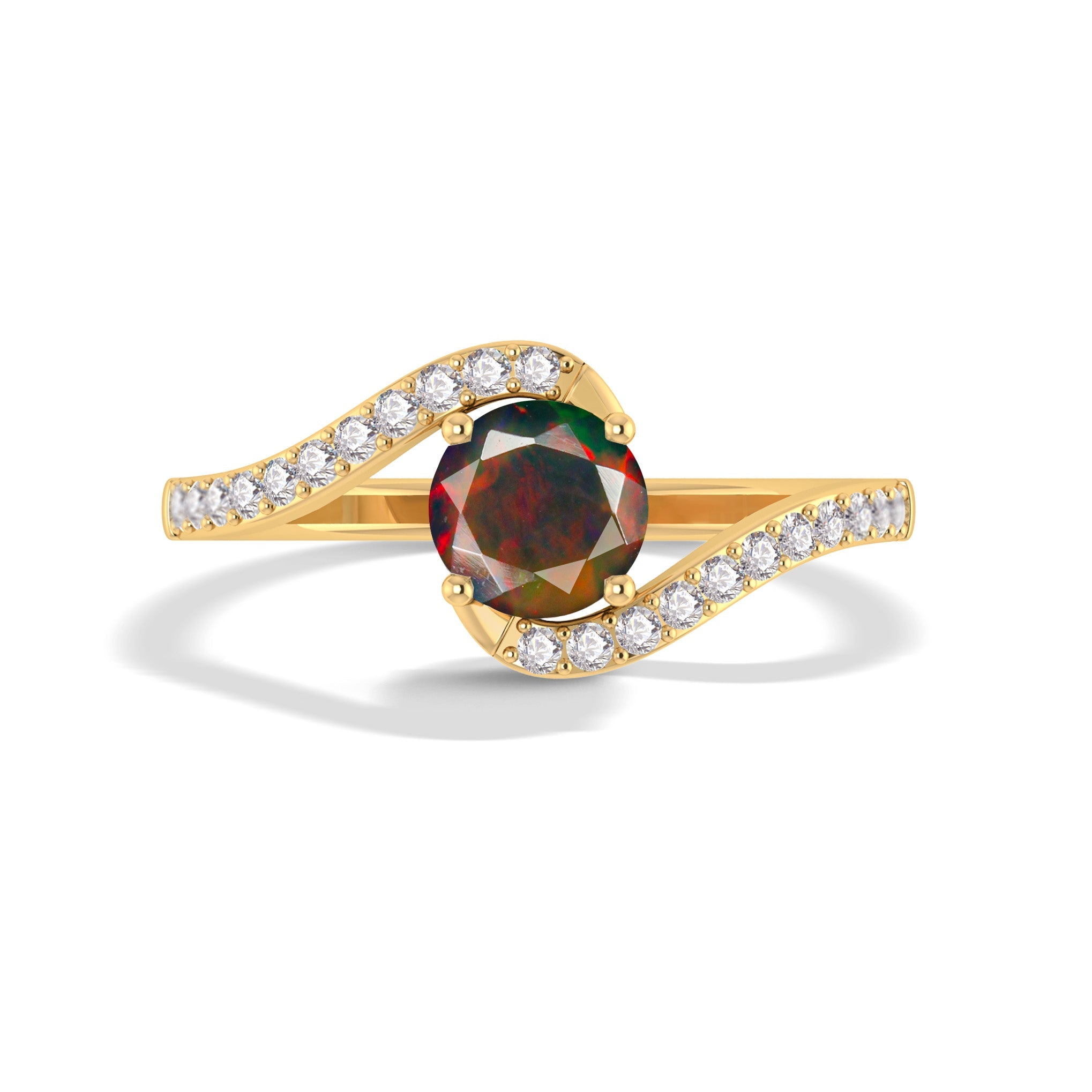 Natural Black Opal with White Zicon Bypass Ring for Her - Goodstone Jewels