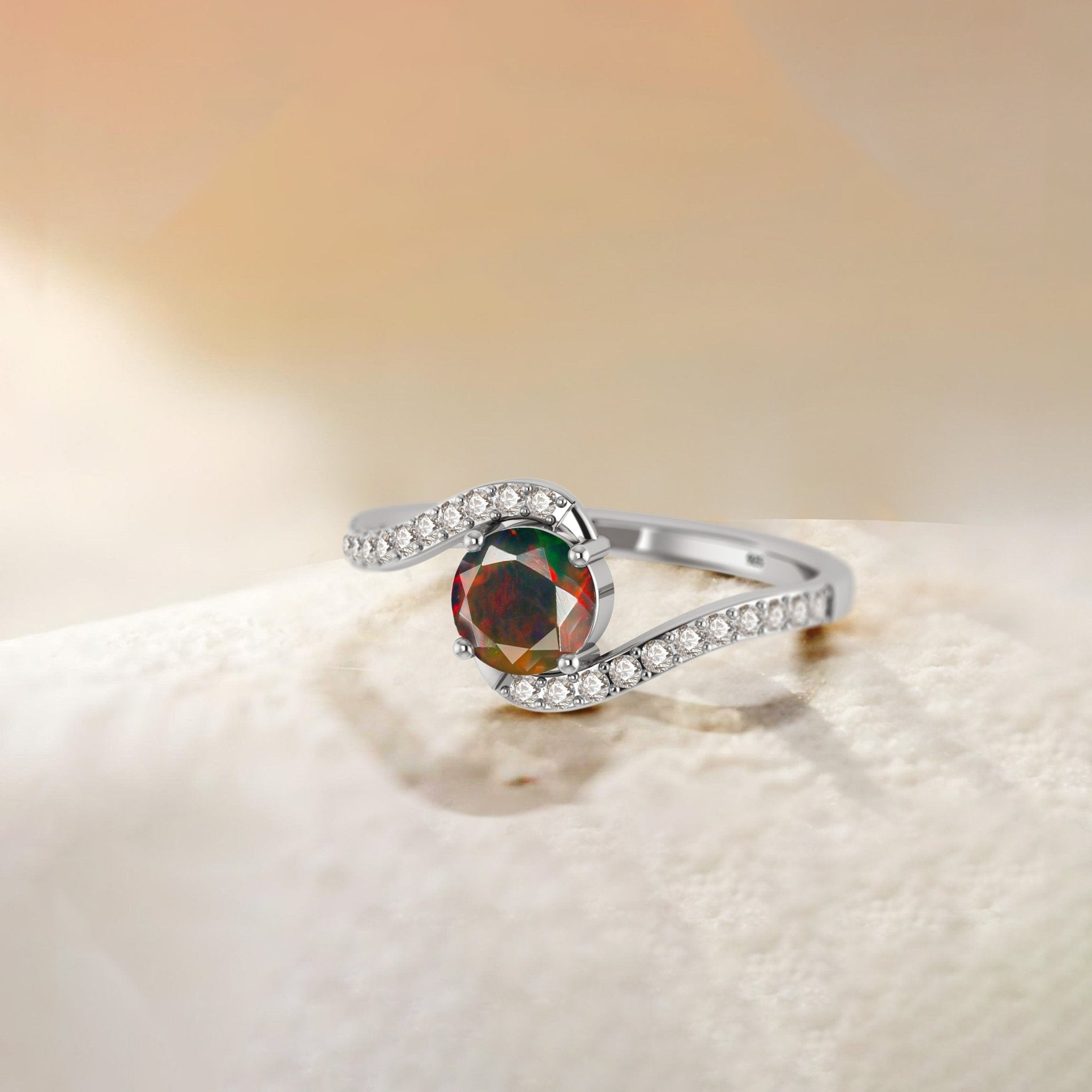 Natural Black Opal with White Zicon Bypass Ring for Her - Goodstone Jewels