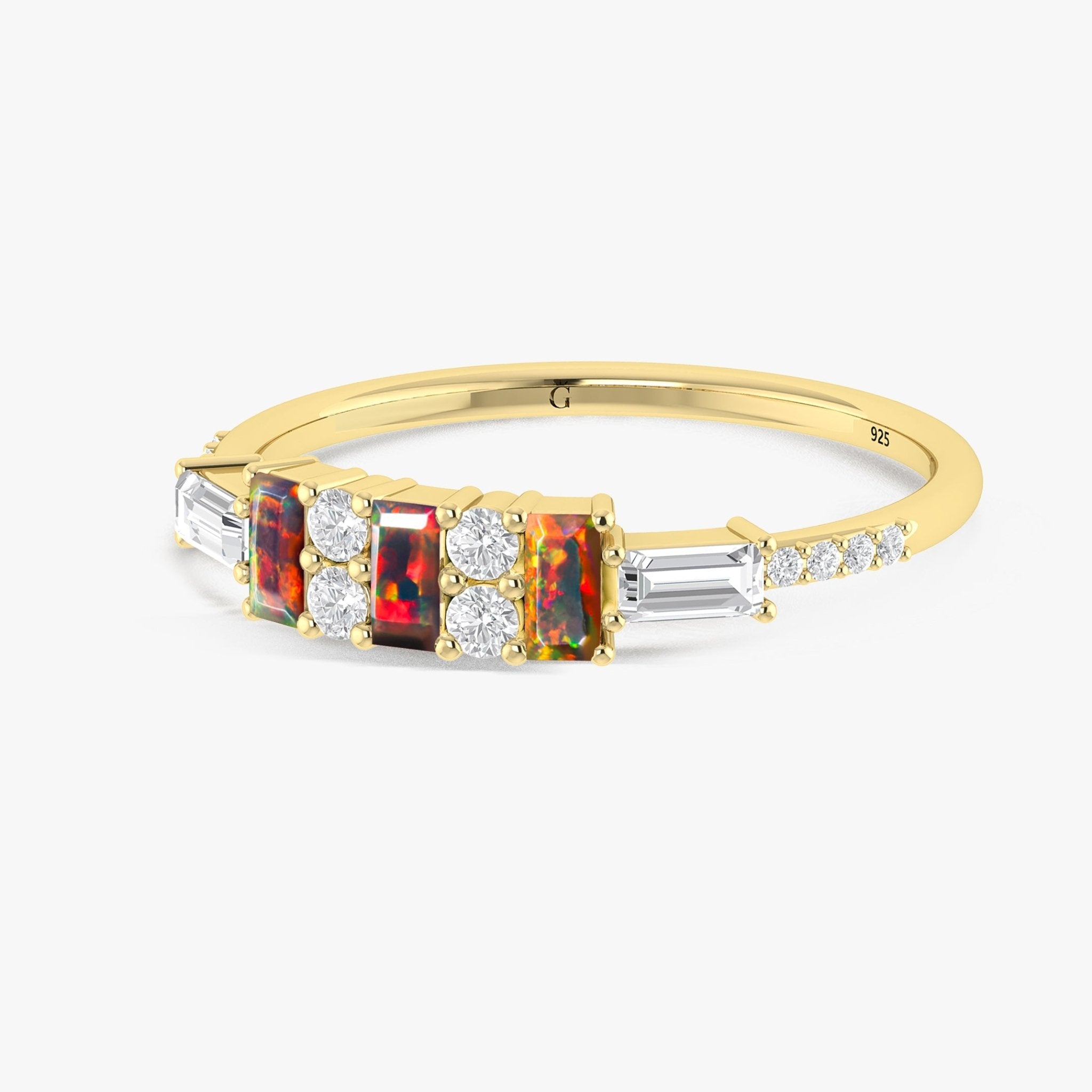 Natural Black Opal with White Zircon Three Stone Statement Ring - Goodstone Jewels