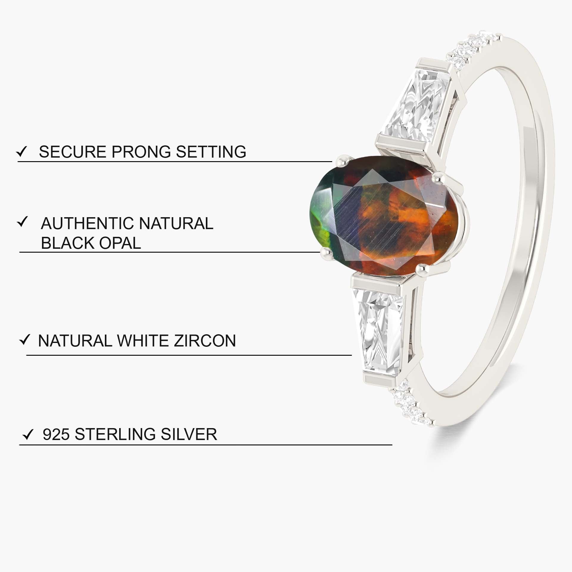 Natural Black Opal with Zircon Three Stone Engagement Ring - Goodstone Jewels