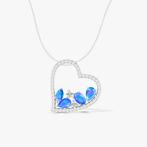 Natural Blue Opal 4 Stone Heart Chain Pendant Necklace