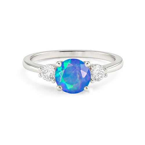 Blue Opal and Zircon Three Stone Ring
