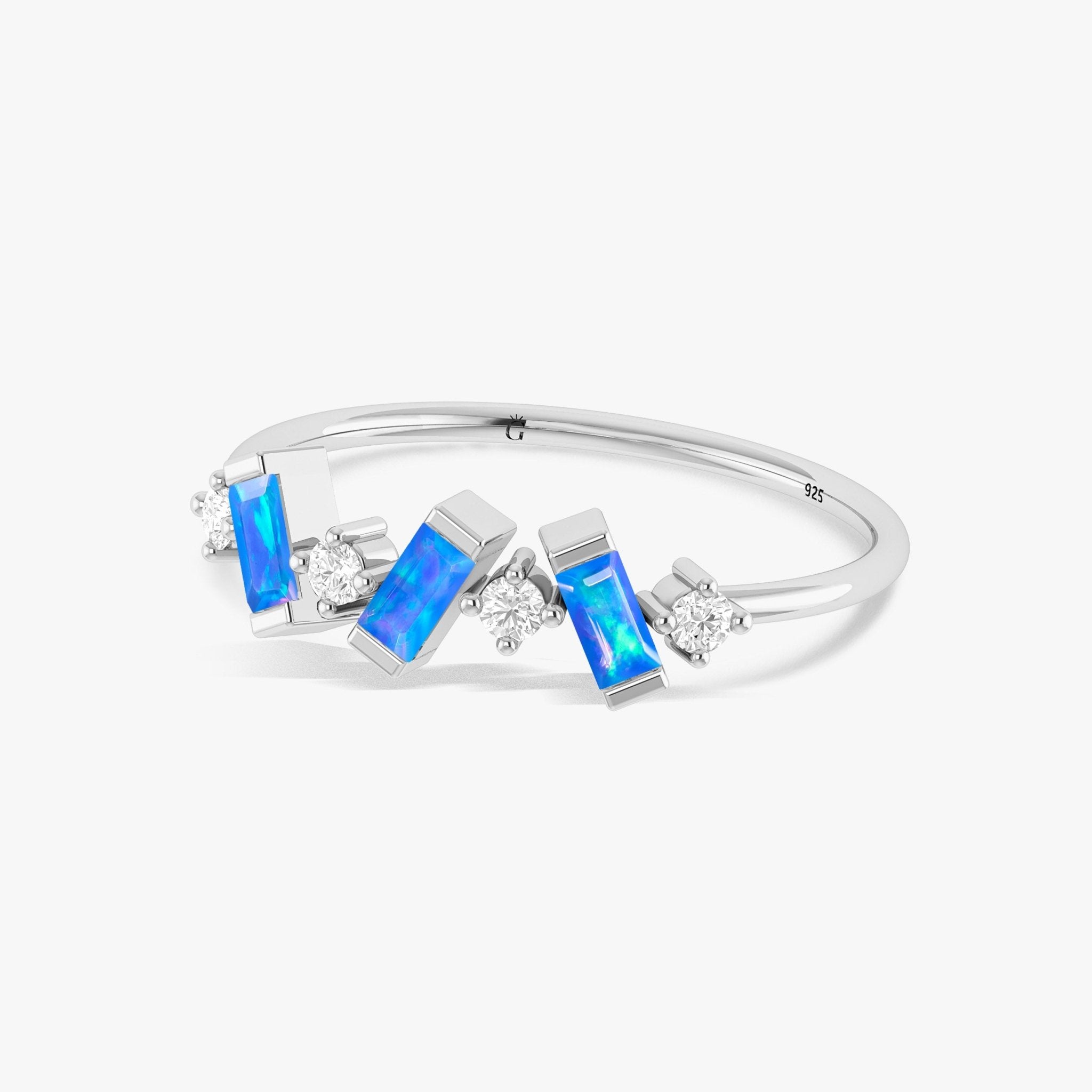 Natural Blue Opal Baguette Shape Designer Three Stone Ring - Goodstone Jewels