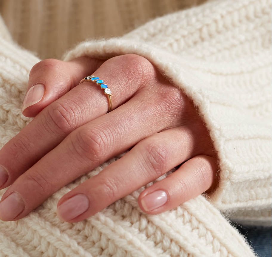 Natural Blue Opal Baguette Style Three Stone Ring in Gold Filled & Sterling Silver - Goodstone Jewels