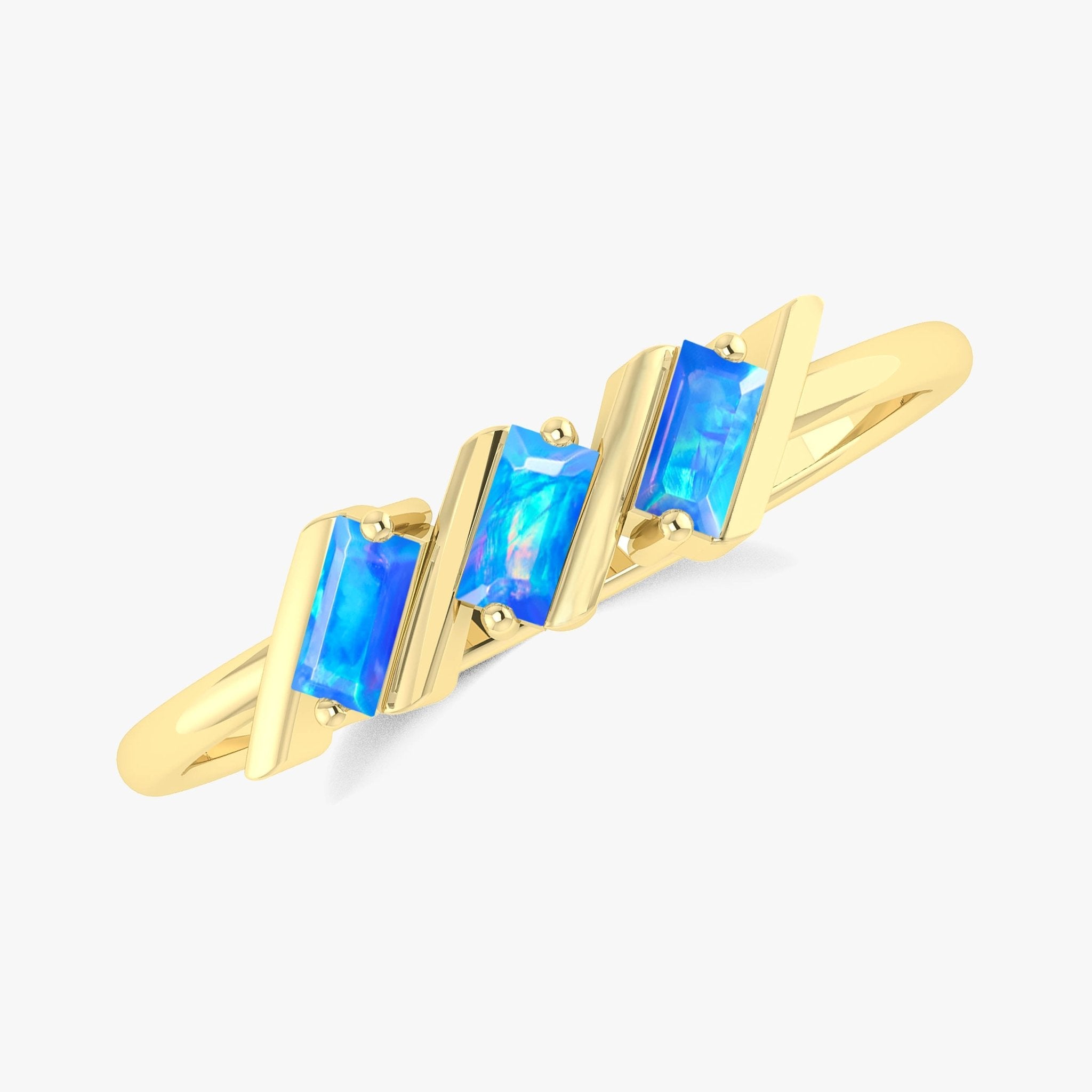 Natural Blue Opal Baguette Style Three Stone Ring in Gold Filled & Sterling Silver - Goodstone Jewels