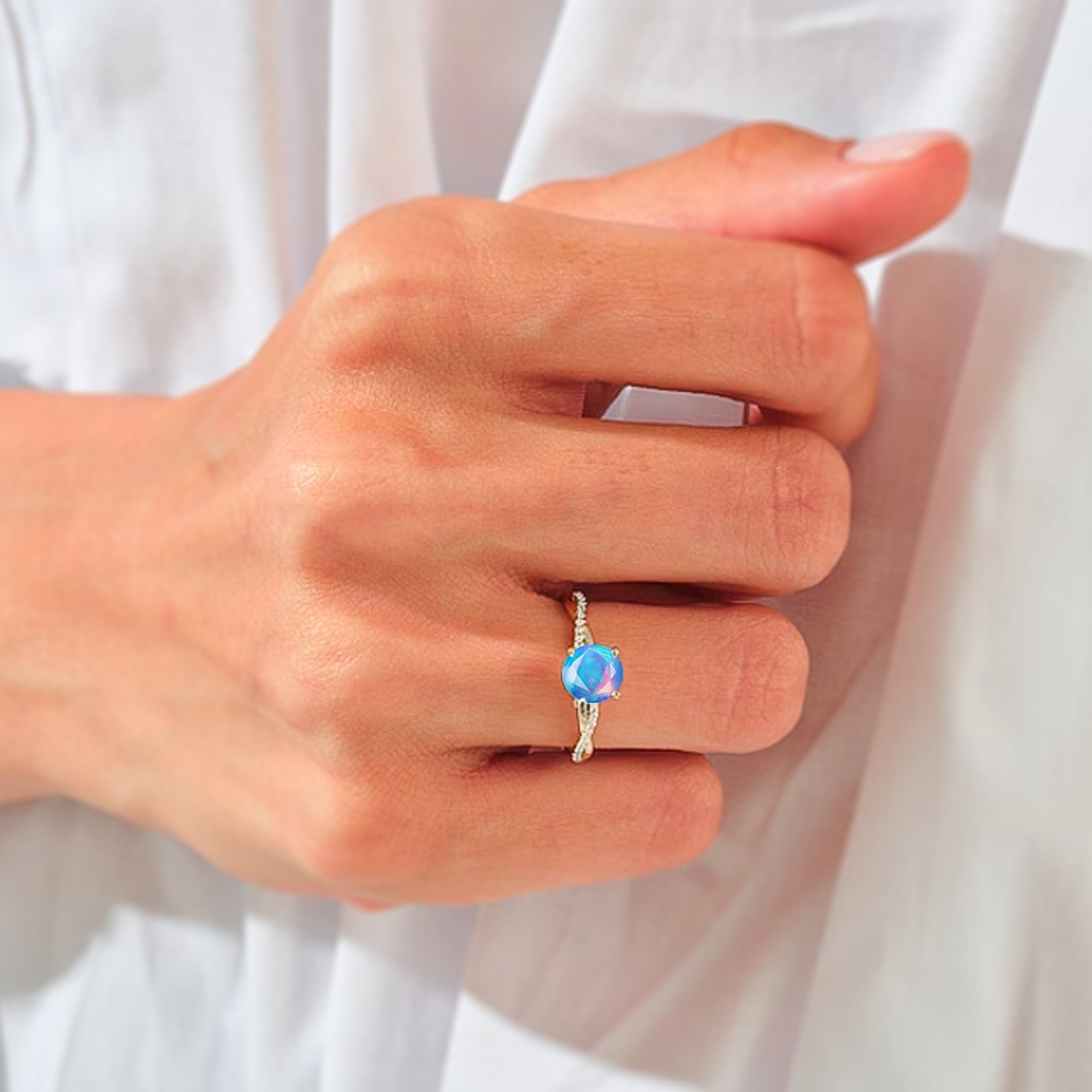 Natural Blue Opal Crossover Ring for Womens Birthstone Jewelry - Goodstone Jewels