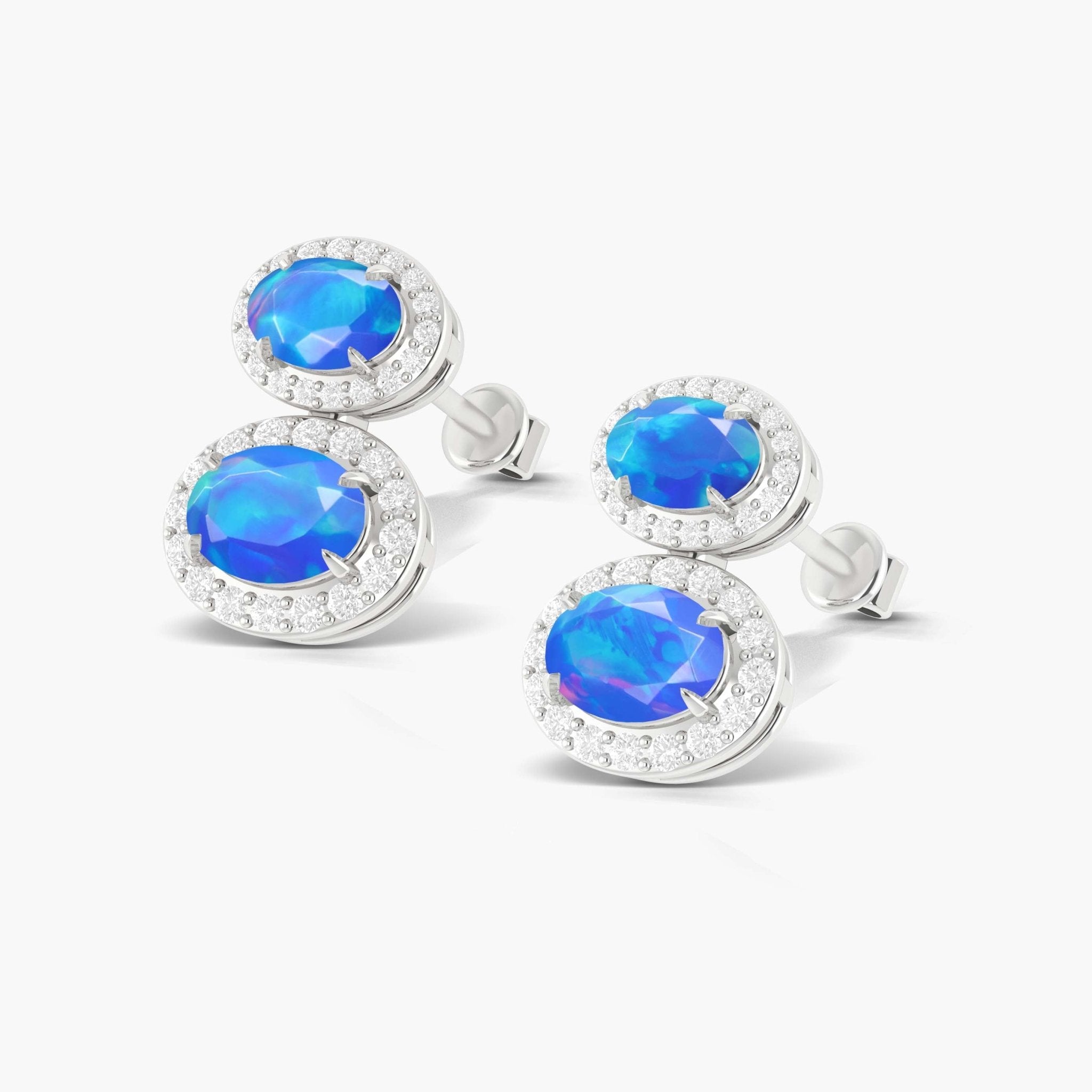 Natural Blue Opal Dual Stone Halo Stud Earrings - Goodstone Jewels