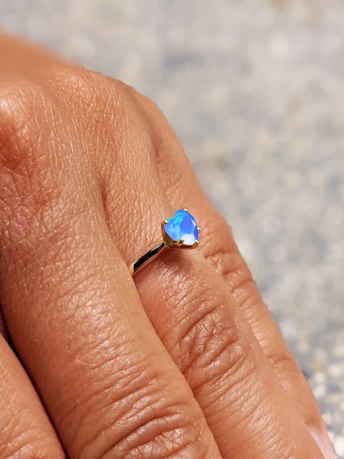 Natural Blue Opal Gemstone Heart Ring in Yellow Gold Filled & 925 Silver - Goodstone Jewels