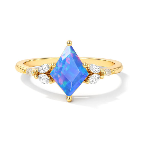 Natural Blue Opal Solitaire Ring with Zircon Stones