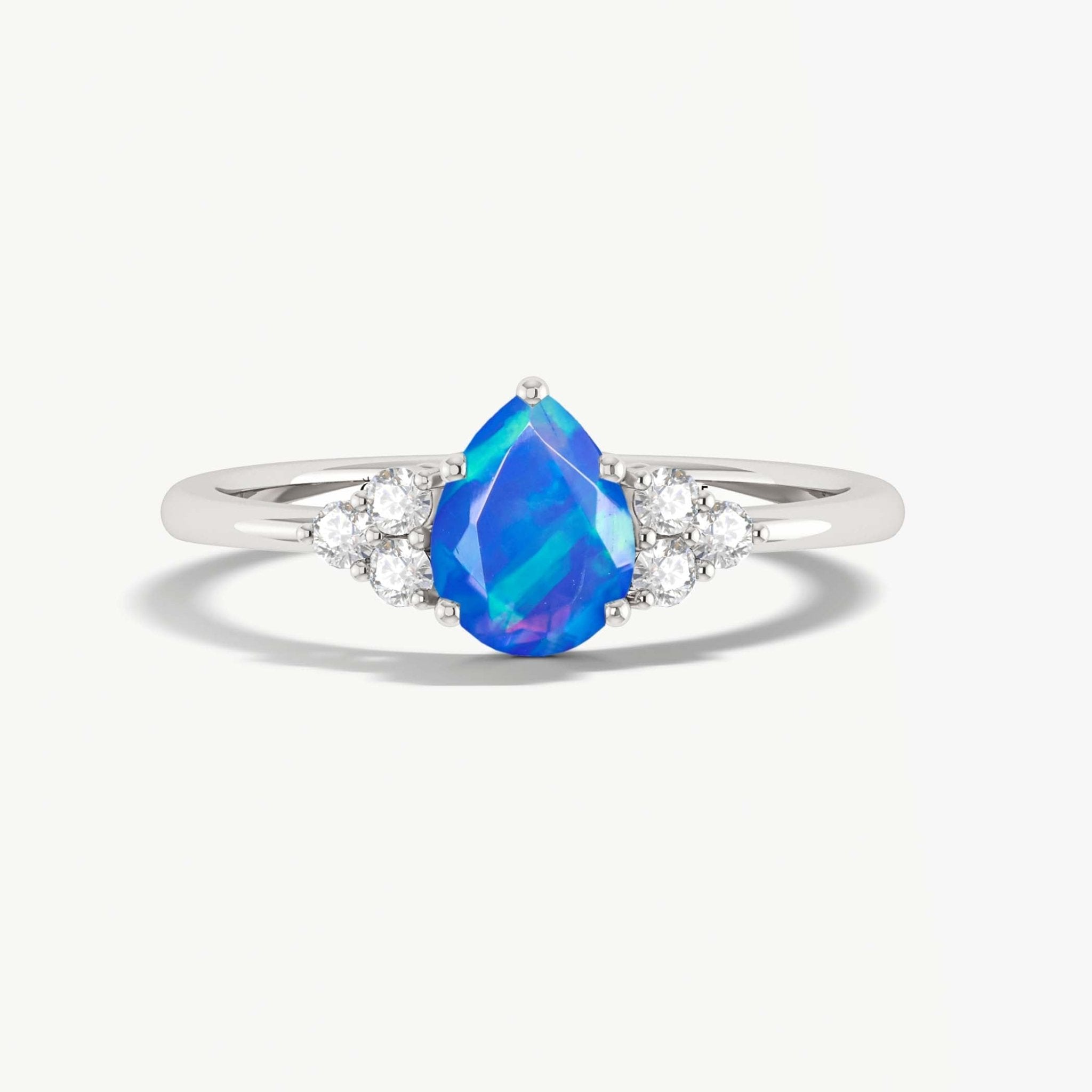 Natural Blue Opal Pear Shape & White Zircon Solitaire with Accents Ring - Goodstone Jewels