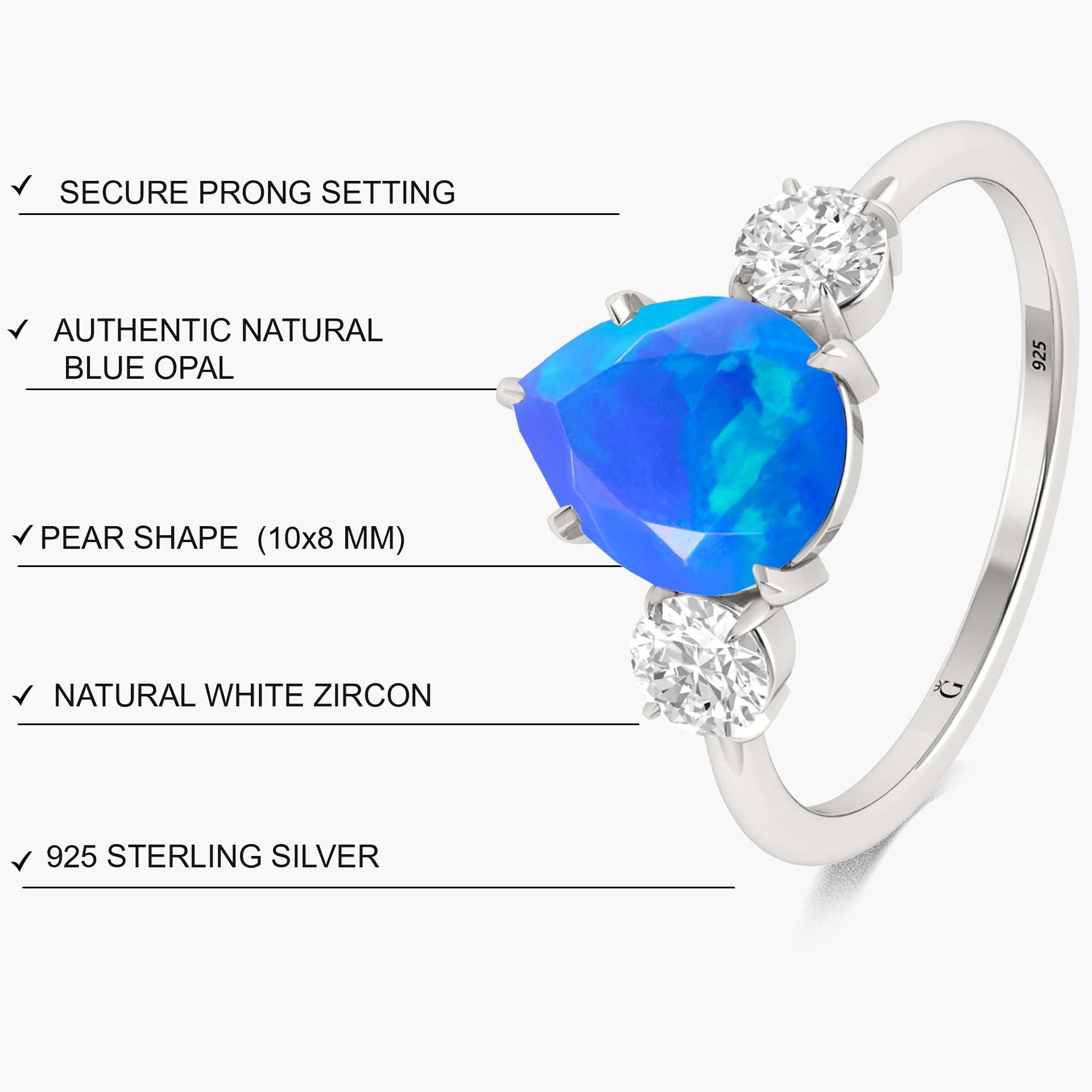 Natural Blue Opal Pear Shape with Zircon Three Stone Statement Ring - Goodstone Jewels
