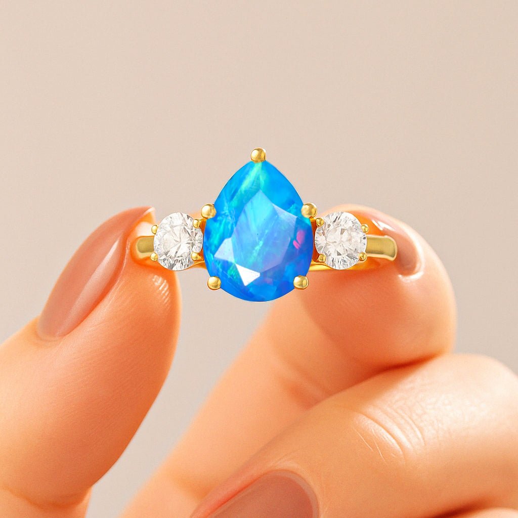 Natural Blue Opal Pear Shape with Zircon Three Stone Statement Ring - Goodstone Jewels