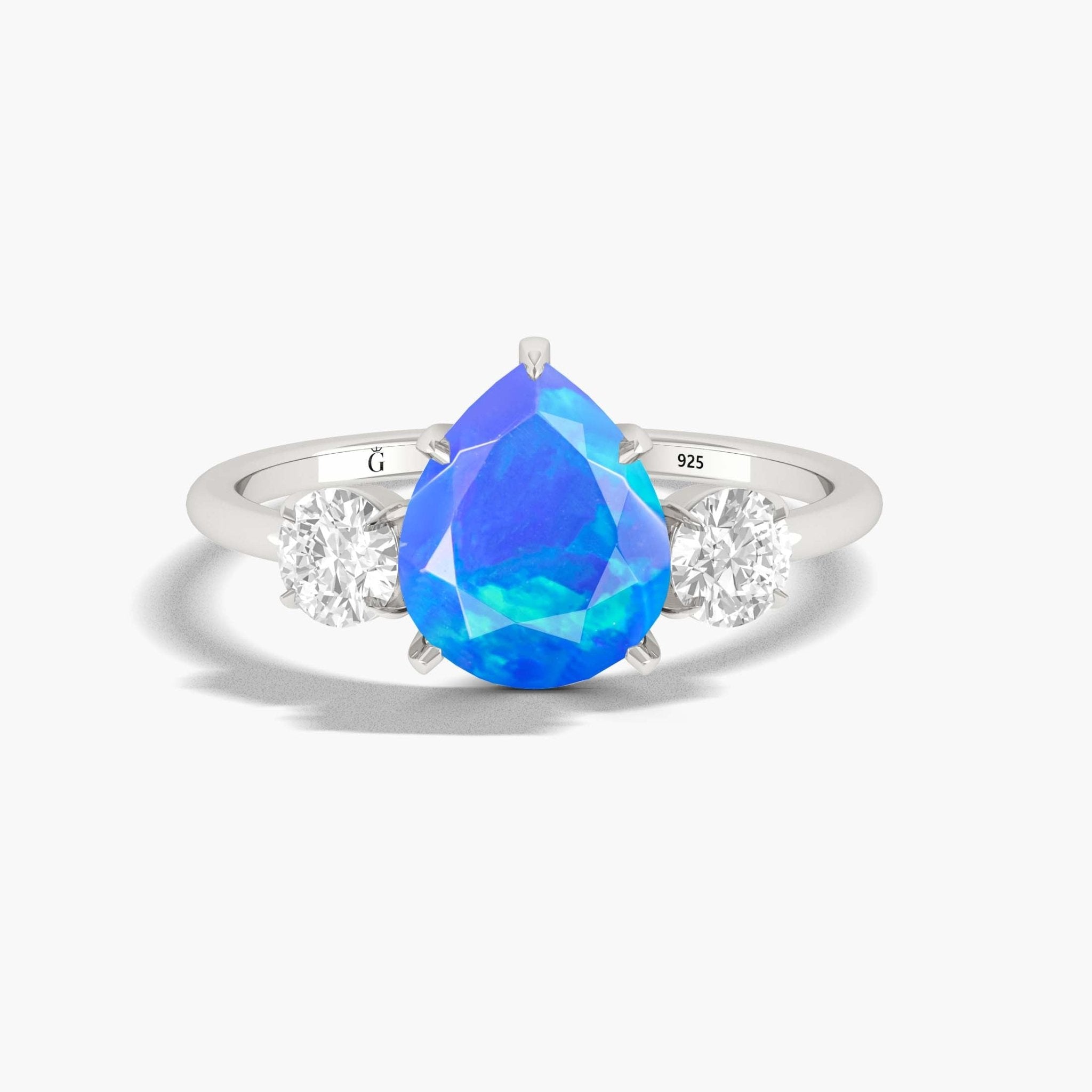 Natural Blue Opal Pear Shape with Zircon Three Stone Statement Ring - Goodstone Jewels