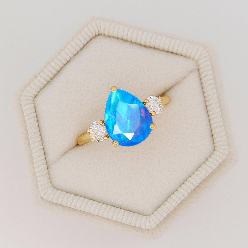 Natural Blue Opal Pear Shape with Zircon Three Stone Statement Ring - Goodstone Jewels