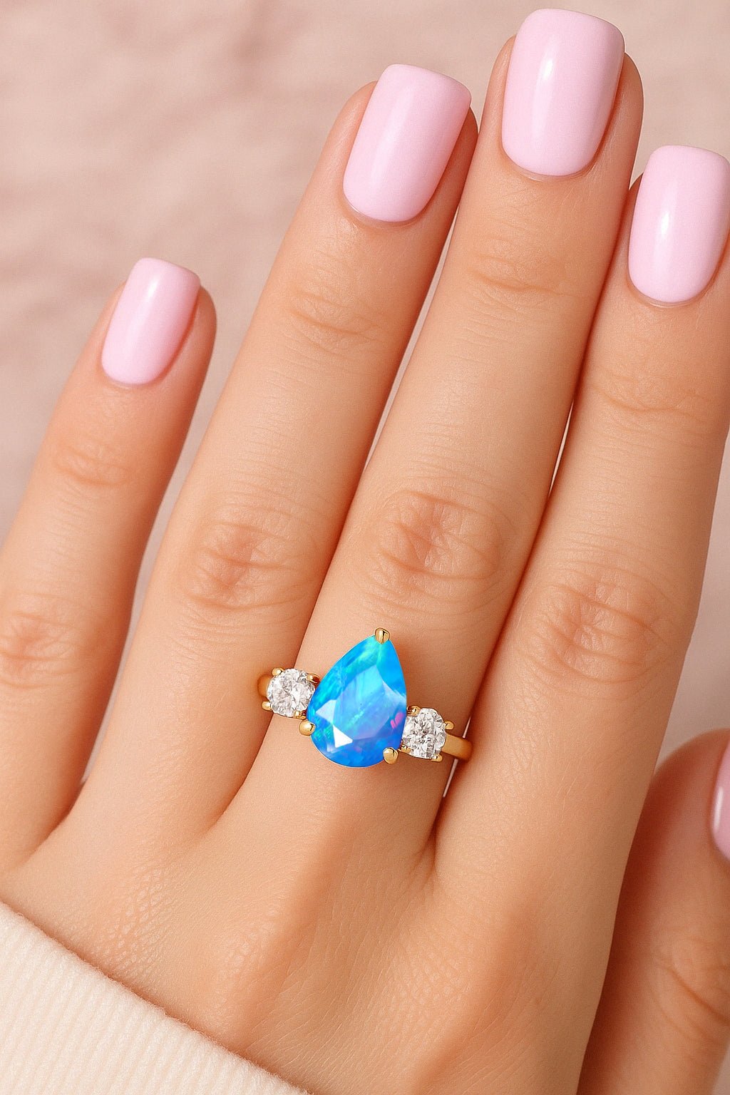Natural Blue Opal Pear Shape with Zircon Three Stone Statement Ring - Goodstone Jewels