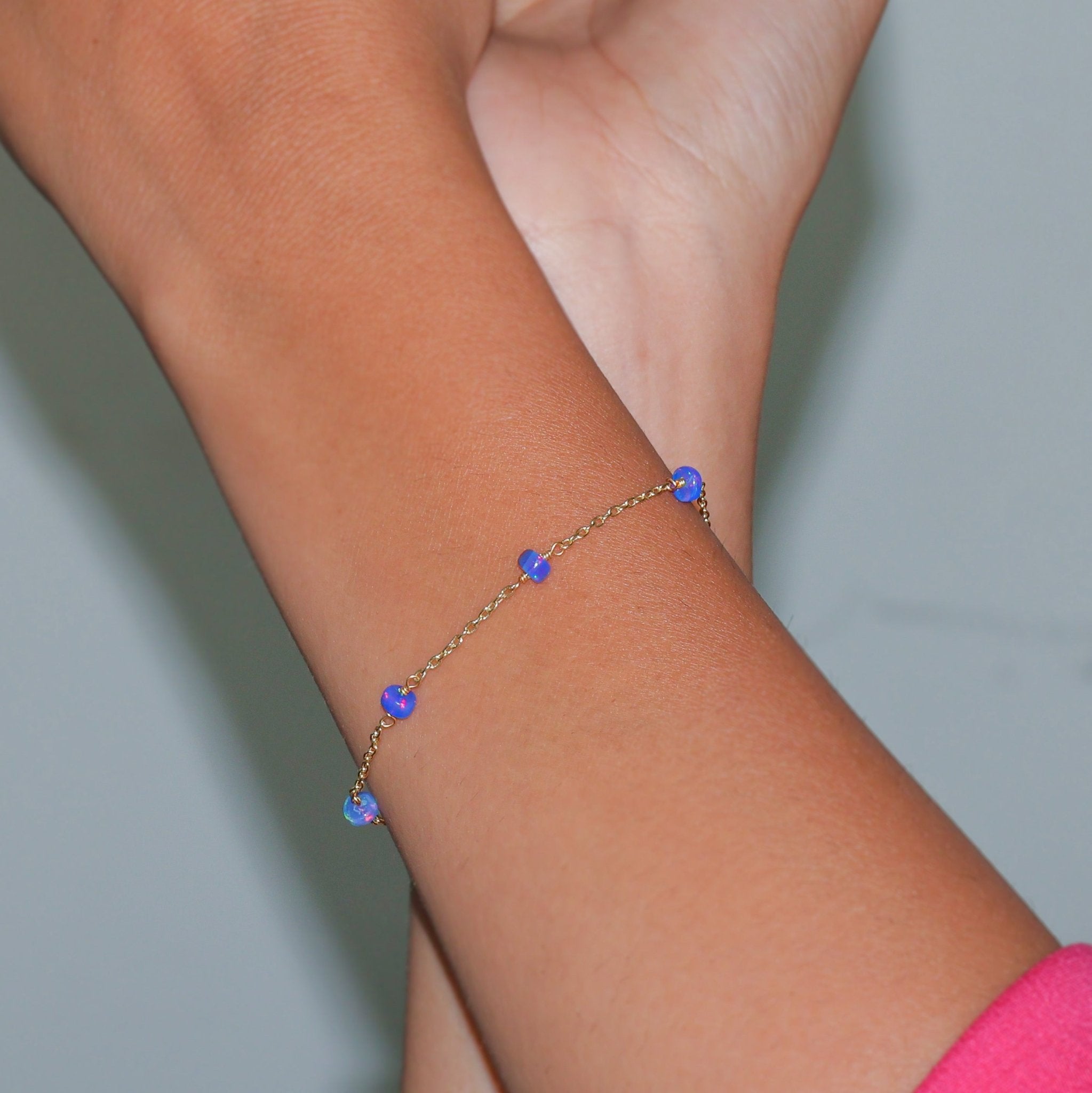 Natural Blue Opal Rondelle Minimalist Chain Beaded Bracelet - Goodstone Jewels