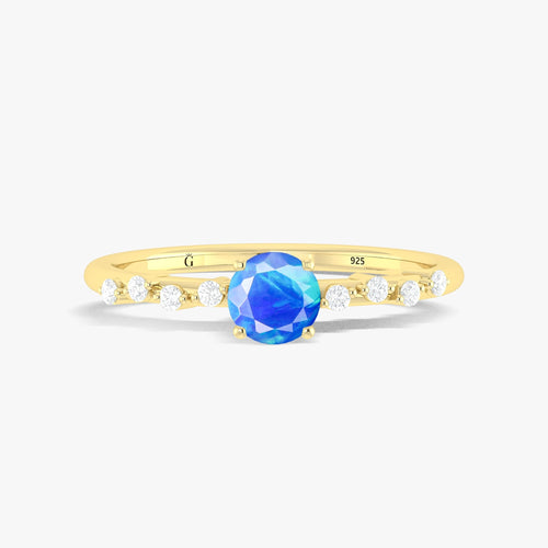 Natural Blue Opal ROUND STONE MINIMALIST SOLITAIRE WITH ACCENTS RING