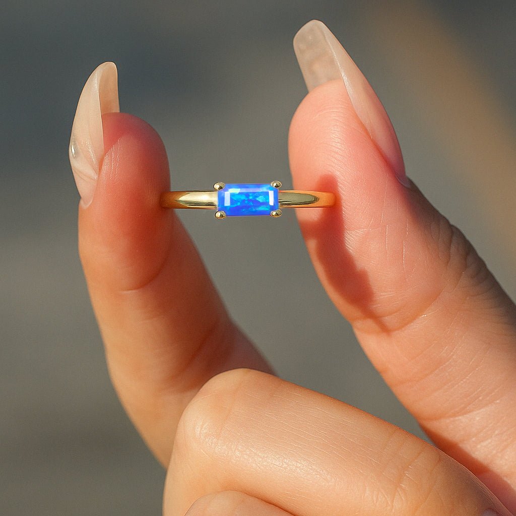 Natural Blue Opal SINGLE BAGUETTE STONE SOLIRAIRE RING - Goodstone Jewels