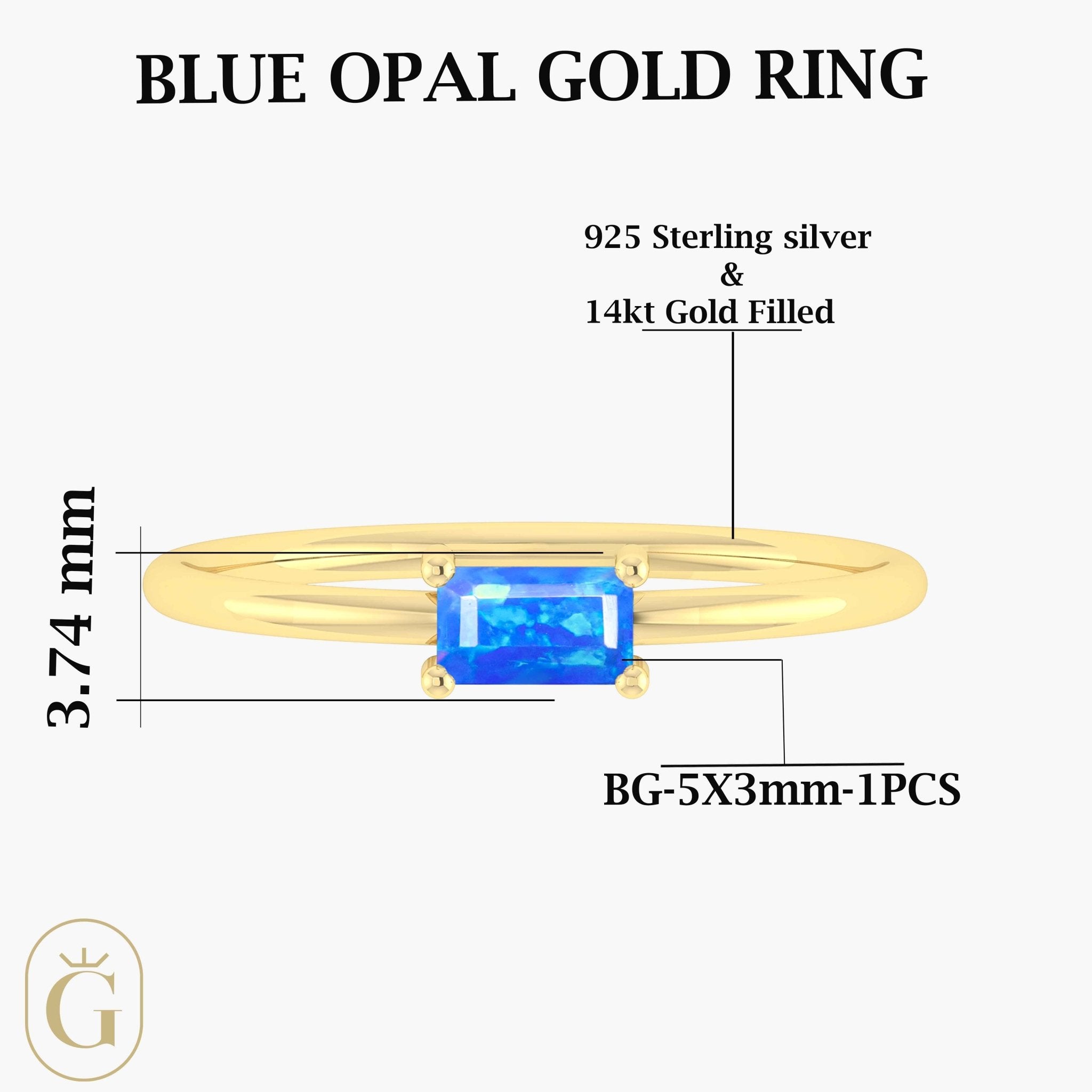 Natural Blue Opal SINGLE BAGUETTE STONE SOLIRAIRE RING - Goodstone Jewels