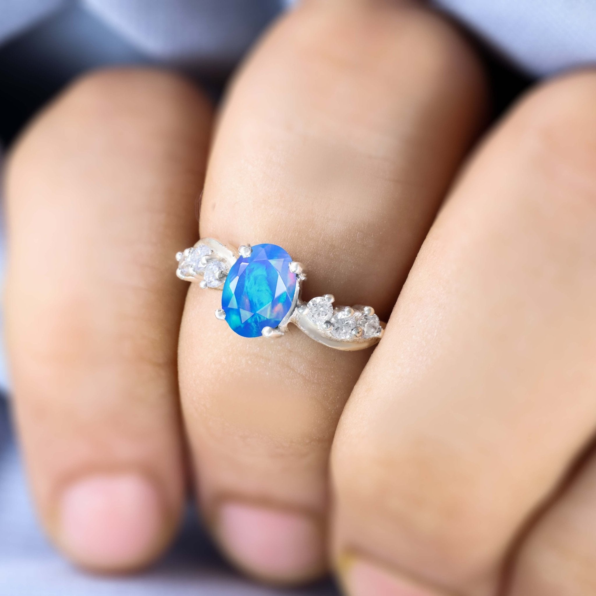 Natural Blue Opal Solitaire with Accents Ring with Gold Filled & Sterling Silver - Goodstone Jewels