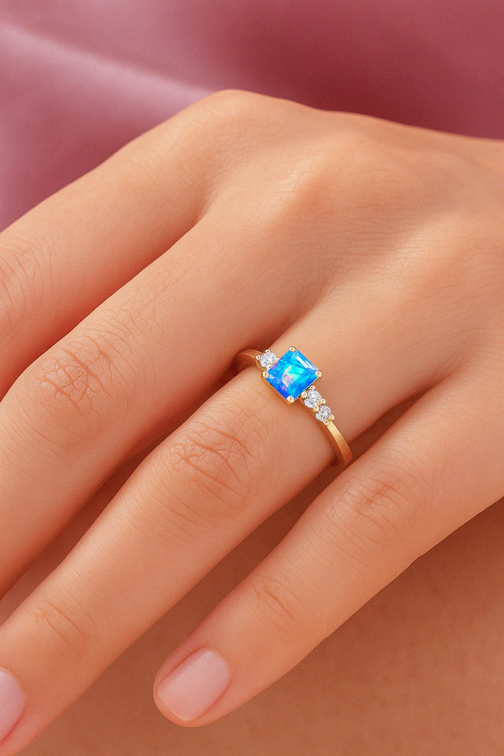 Natural Blue Opal Square Stone with Side Zircon Statement Ring - Goodstone Jewels