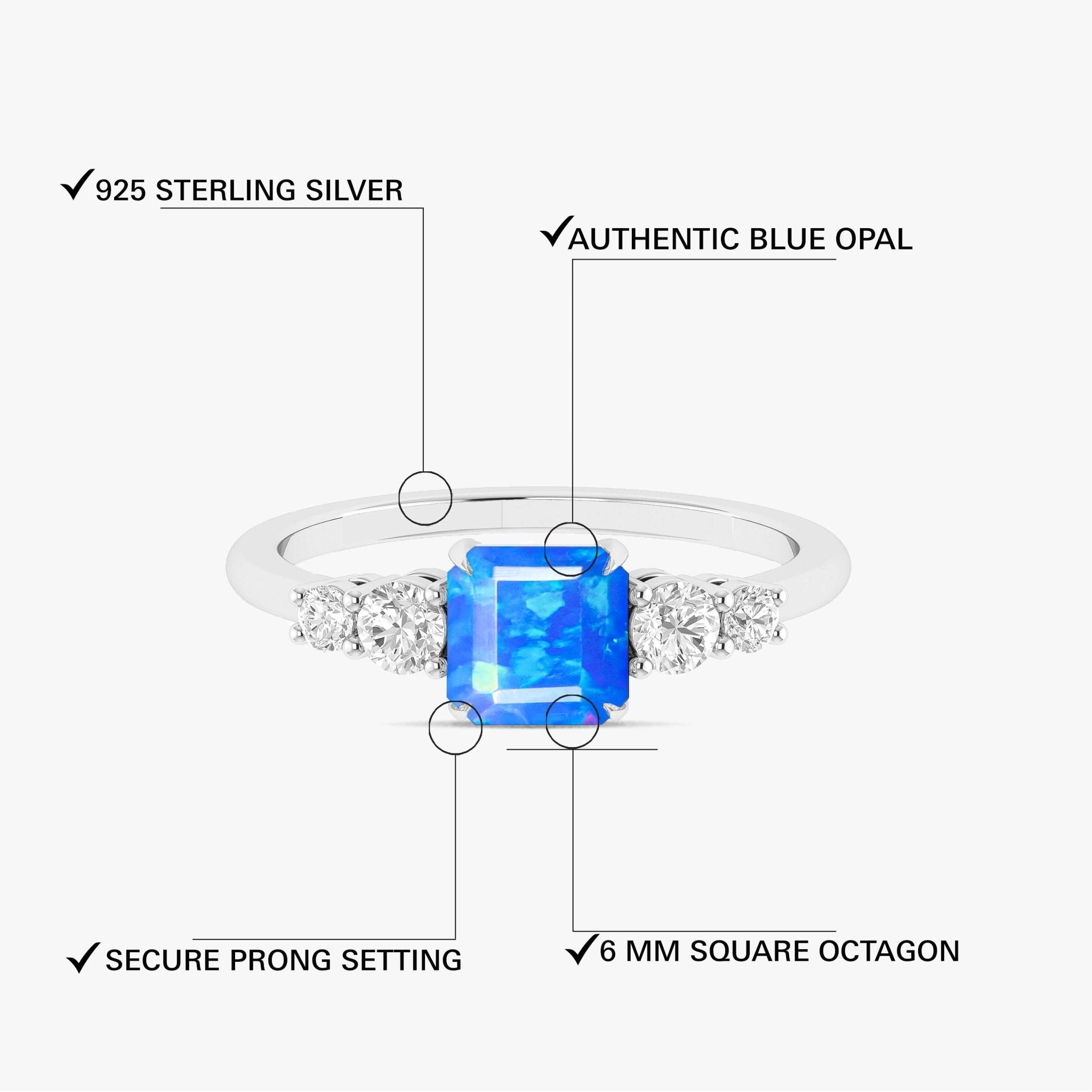 Natural Blue Opal Square Stone with Side Zircon Statement Ring - Goodstone Jewels