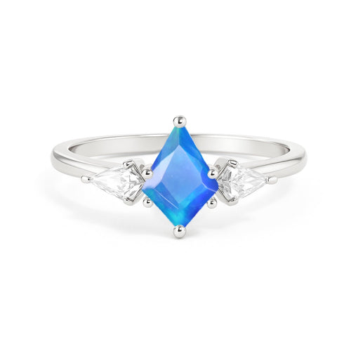 Blue Opal Three Stone Ring for Wedding and Anniversary