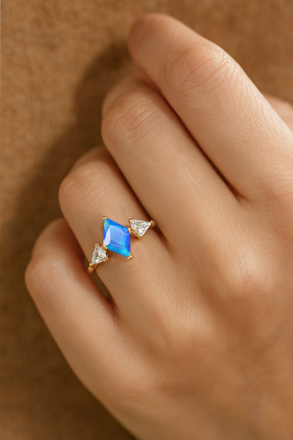 Natural Blue Opal Three Stone Ring Wedding, Anniversary, Promise Rings - Goodstone Jewels